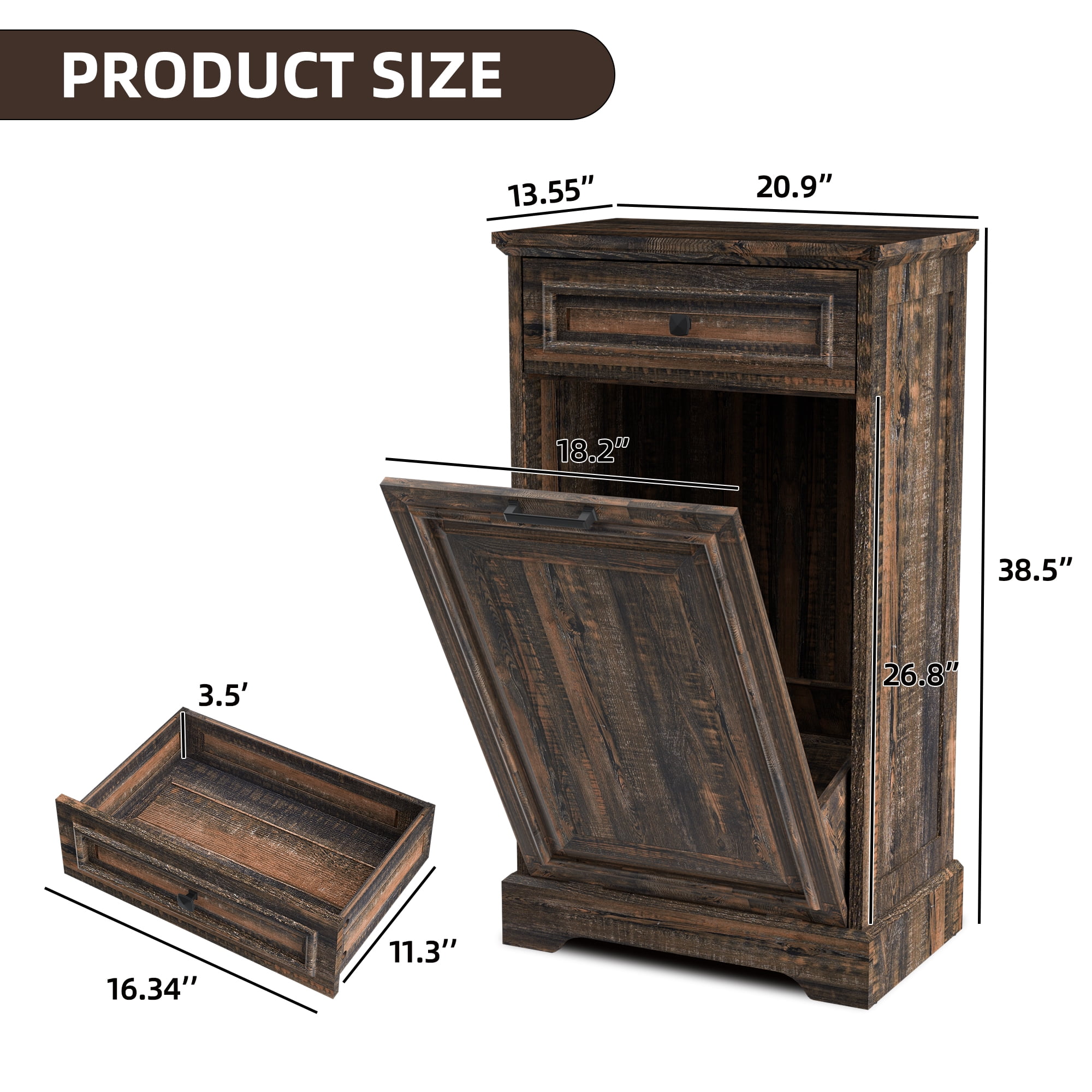 HARIPUL 13 Gallon Tilt Out Trash Cabinet for Kitchen, Single Kitchen Trash Can Cabinet with Drawers, Dark Brown