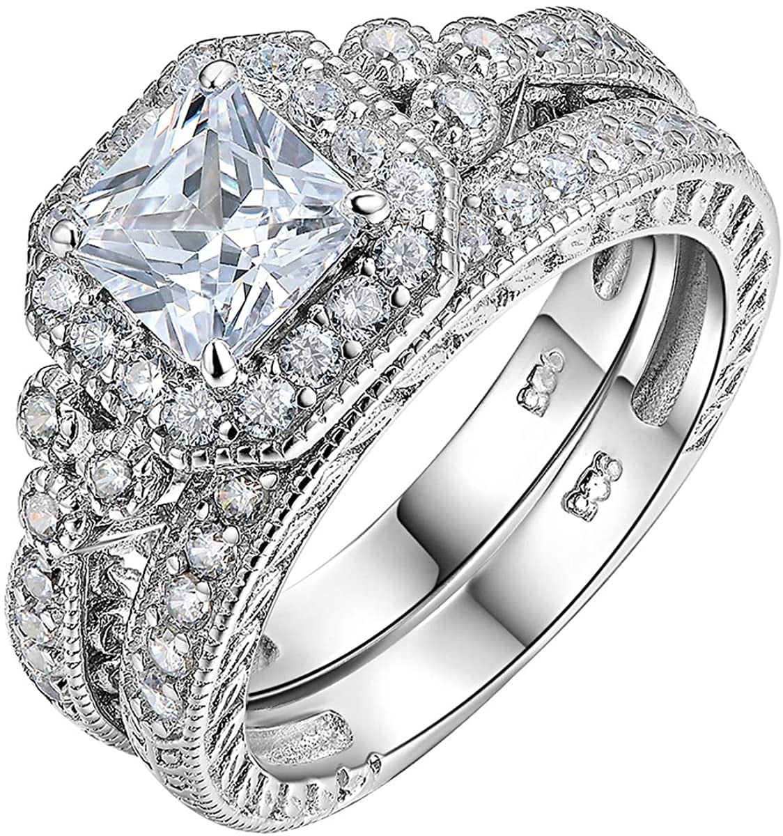 Newshe Wedding Engagement Ring Set Women 925 Sterling Silver Princess White Cz 