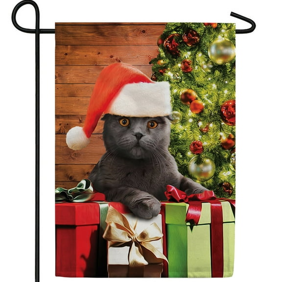 America Forever Chester Cat Christmas Garden Flag, 12.5 x 18 inch Double Sided, Black Kitten with Santa Hat Holiday Banner, Tree Presents Outdoor Decor, Yard Decoration, Polyester Festive Flag