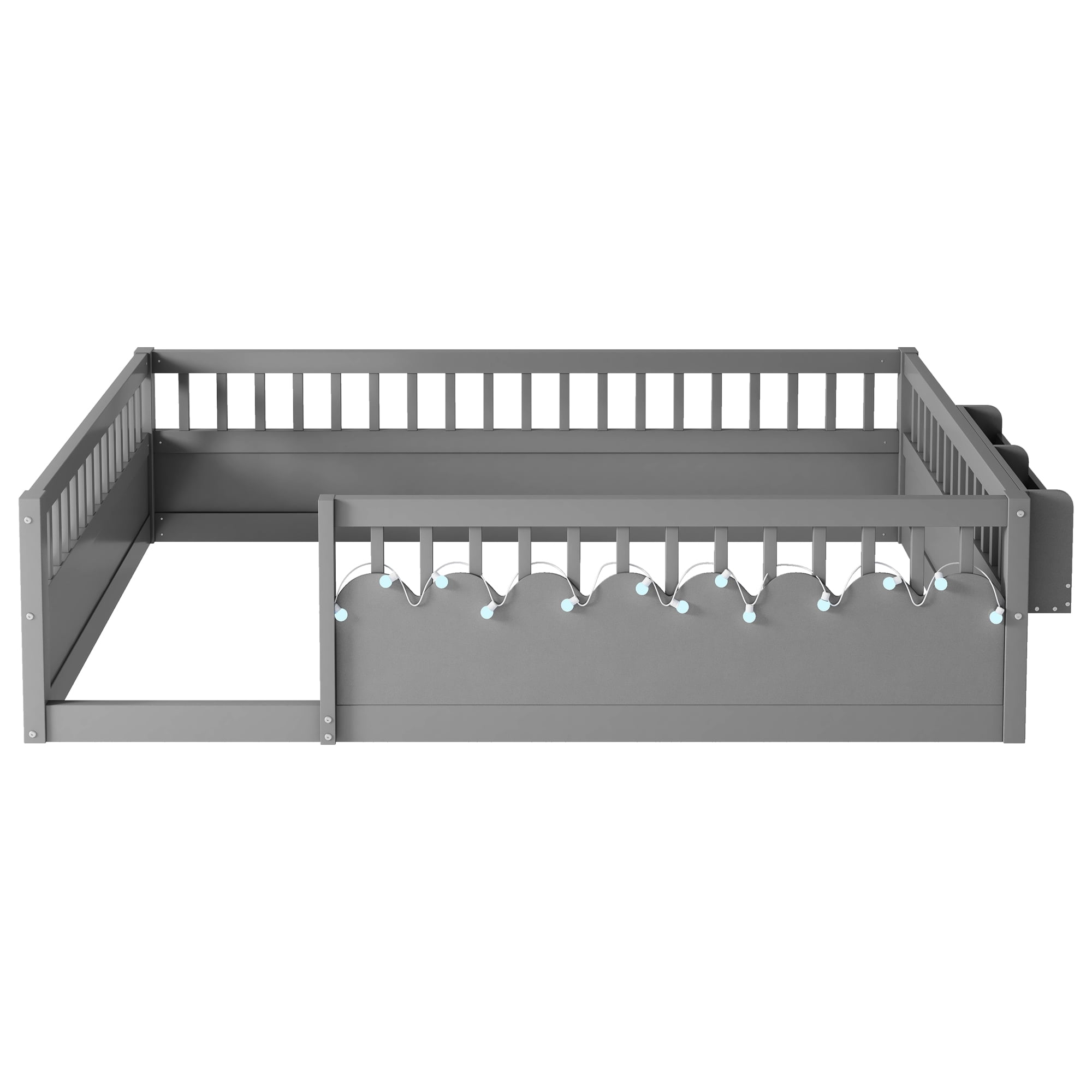 Full Size Toddler Floor Bed Frame, Montessori Floor Bed with Guardrails, Pine Wood Bed Frame for Kids, No Slats Included, Gray