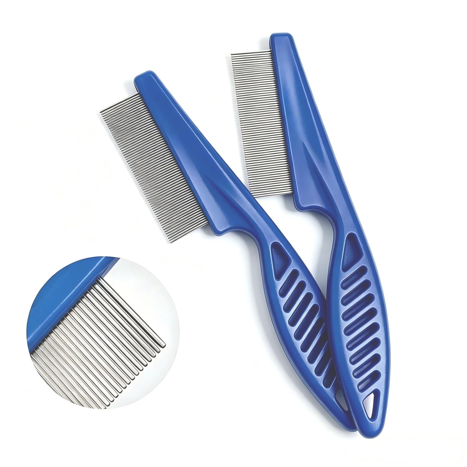 2 Pack Flea Comb Set, Stainless Steel Lice Tick Remover, Large & Small Fine Tooth Metal Pet Grooming Comb for Dogs and Cats（blue）