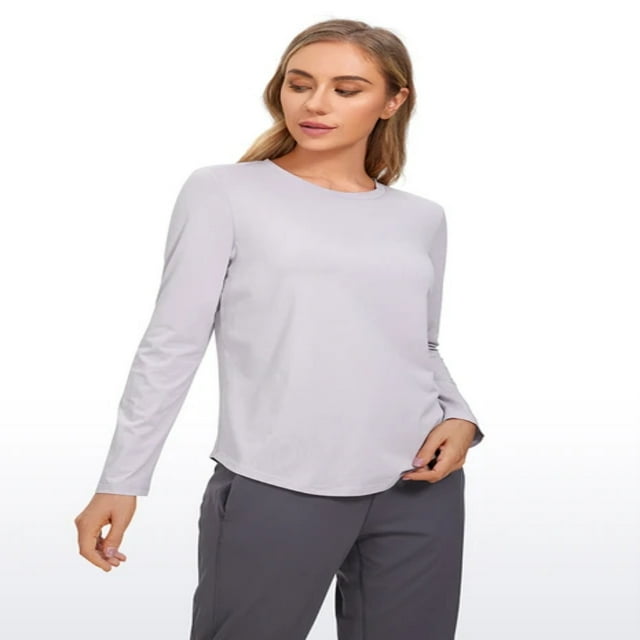 LNGOOR CRZ YOGA Automne Hiver Coton Pima Entraînement Chandails à Manches Longues pour Femmes Athlétique Col Rond YOGA Hauts Décontractés T-Shirt Uni