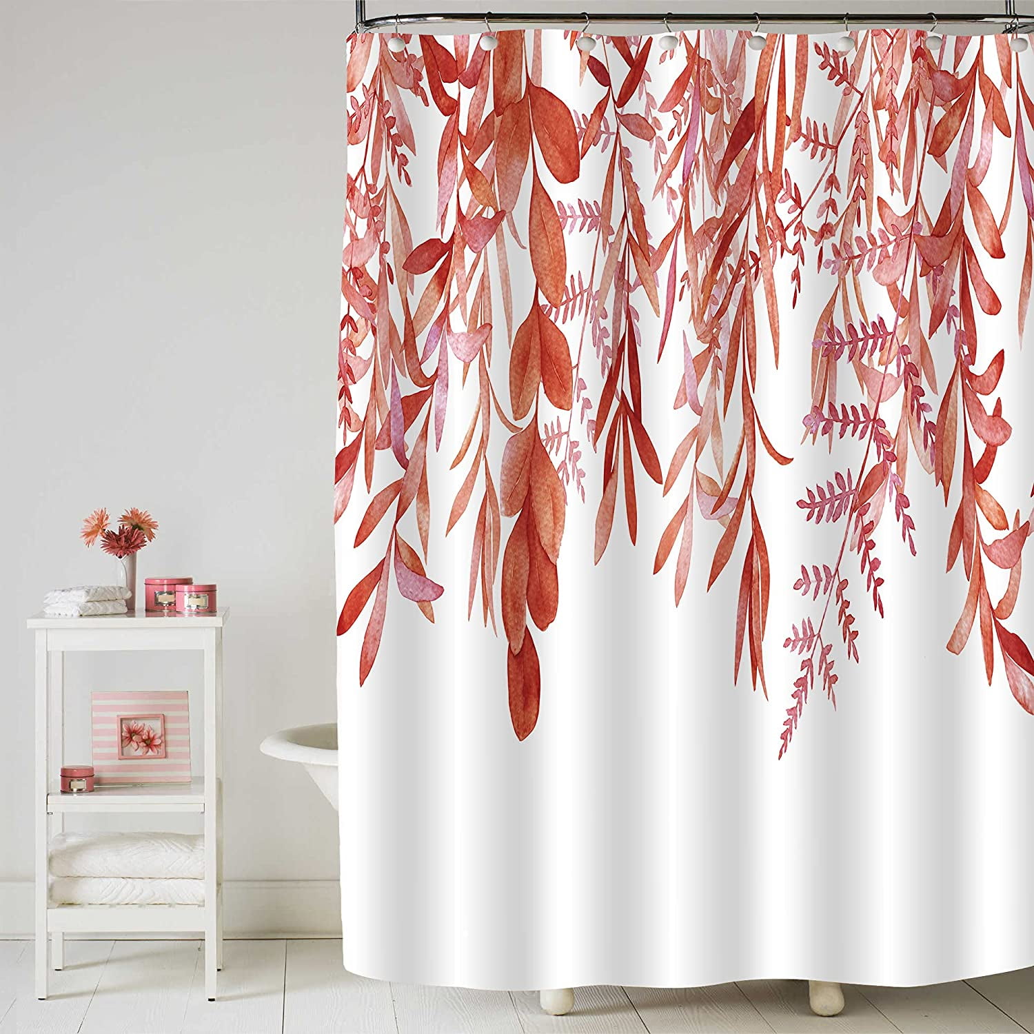 Red Shower Curtain Set, Spring Eucalyptus Plant Leaves Fabric Shower