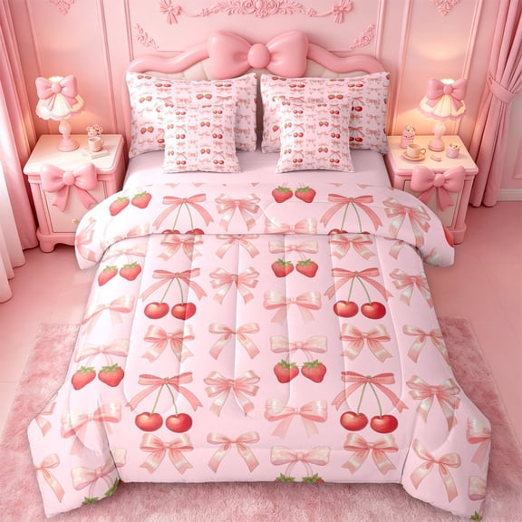 jejeloiu Sweet Cherry Strawberry 7-Piece Twin Bedding Sets,Cute Cartoon Bowknot Bedding Comforter Set,Pink Bowtie Bow Sheet Sets For Girl,Super Cozy Room Decor Reversible