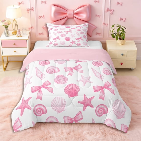 Erosebridal Sea Starfish Bow Knot Twin Comforter Sets 3-Piece for Girls,Ocean Theme Princess Bow Bedding Set for Teens Adults,Pink Reversible,Super Cozy Room Decor