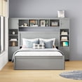 thumbnail image 2 of Queen Size Platform Bed with All-in-One Cabinet and Shelf, Storage Bed with Trundle, 2 Drawers and Bookcase Headboard, Solid Wood Bed Frame with Slats Support, No Box Spring Needed, Gray, 2 of 9