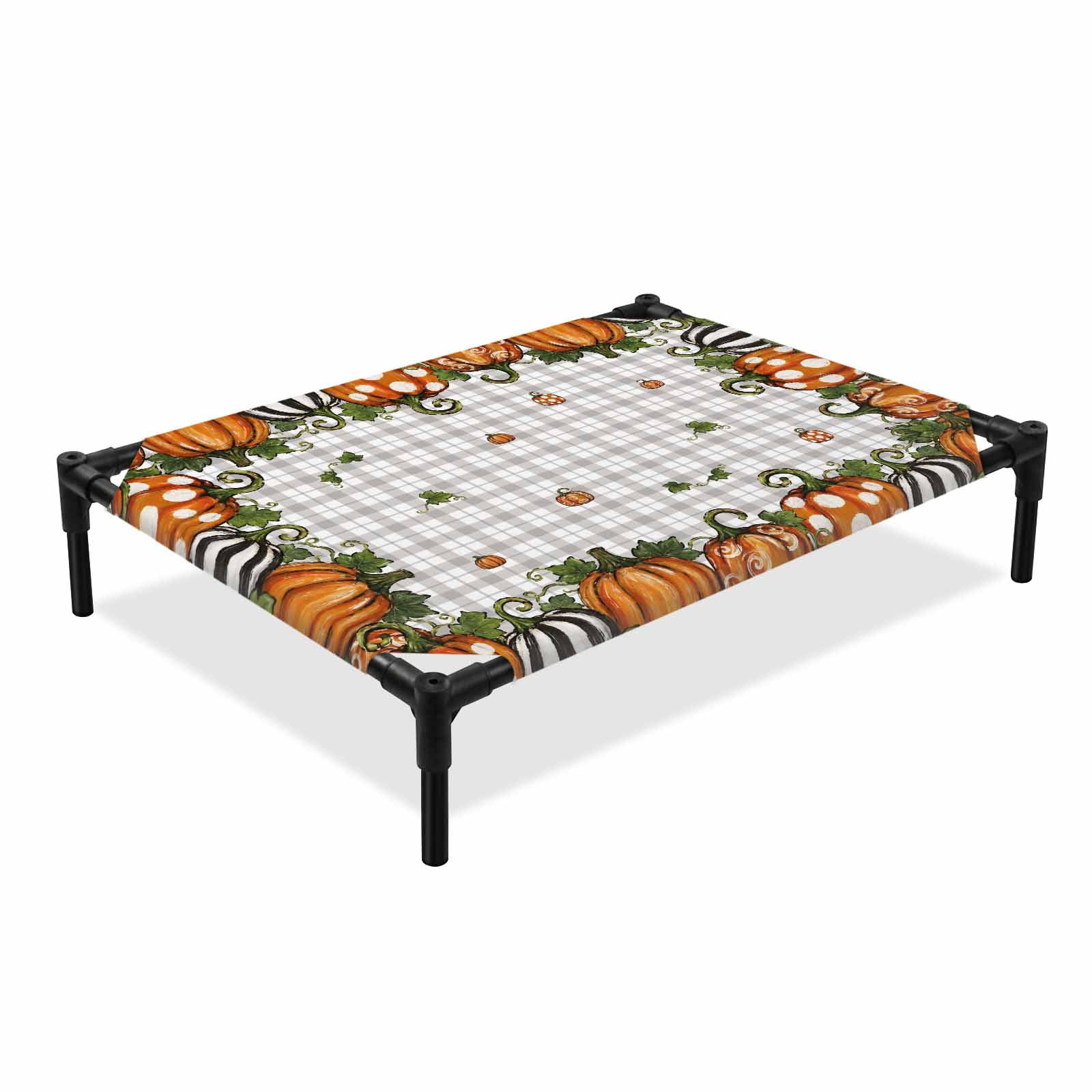 Thanksgiving Pumpkins Elevated Dog Bed Fall Country Farmhouse Green Leaf Grey Gingham Cooling Breathable Outdoor Raised Dog Cot Bed with Metal Frame Non-Slip Feet for Medium Dog 24x20in