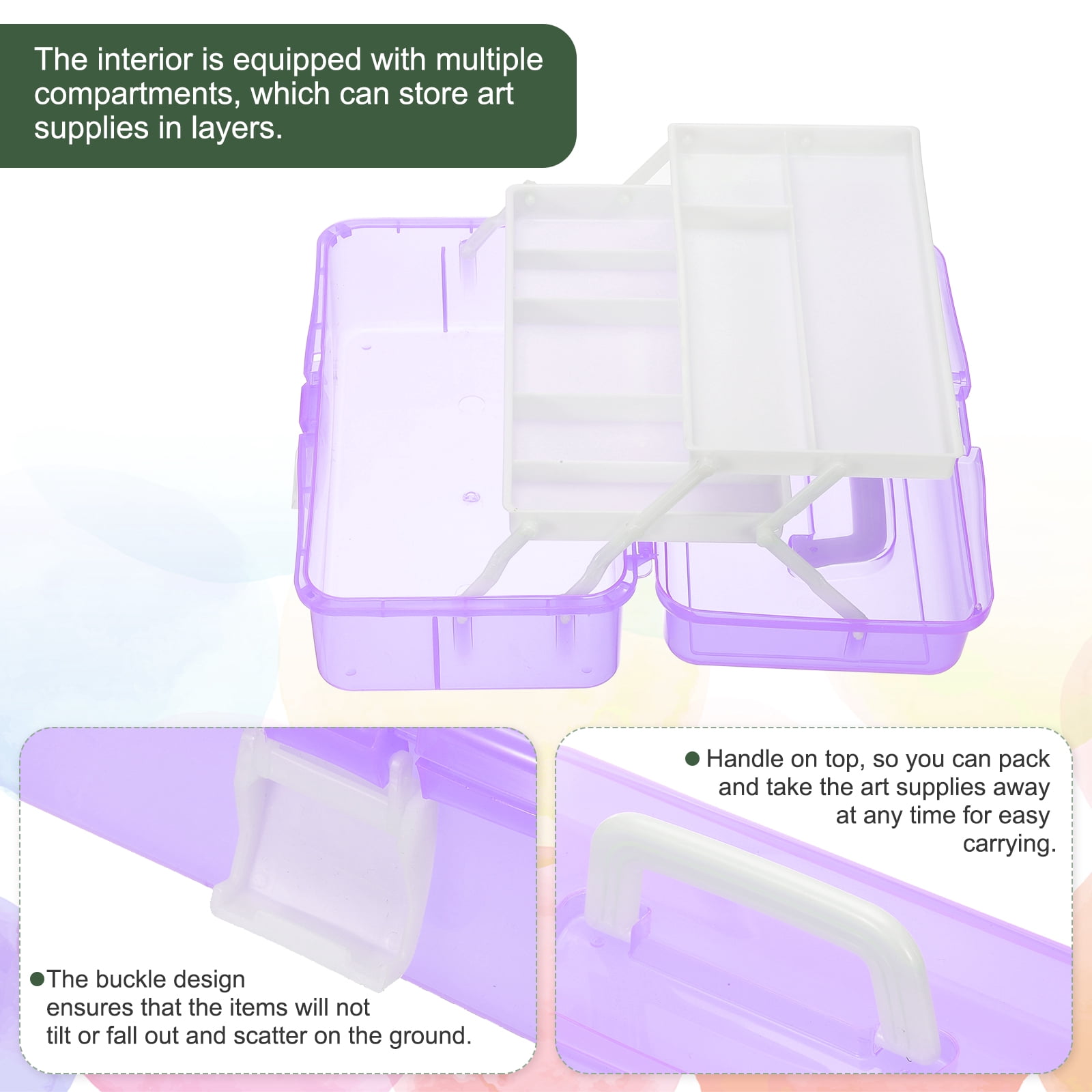 Uxcell Art Supply Storage Organizer, 3-Tray Craft Tool Box Art Supplies Organizer with Handle Buckle for Brushes Paints Stamps, Purple
