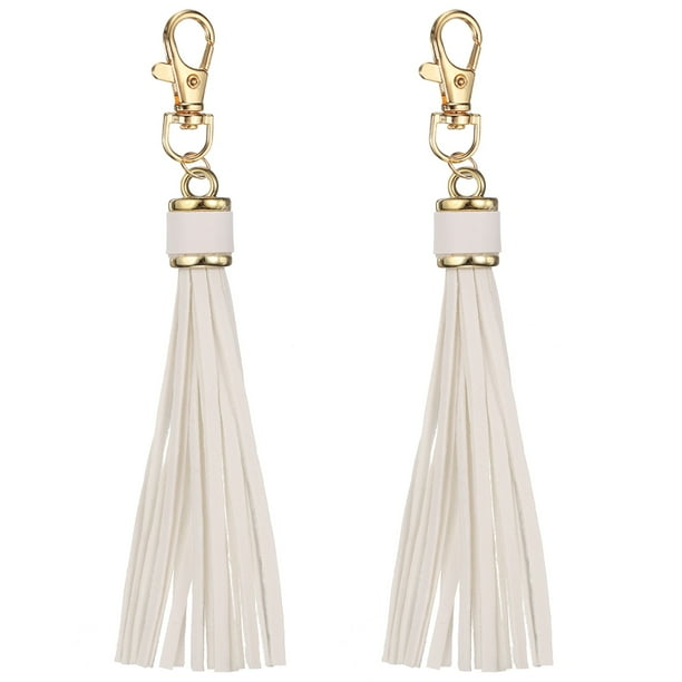 2pcs Borlas de Cuero, Borla de Llaveros de 6" con Gancho de Langosta para Hacer Joyería, Bolsos, Correas para Teléfonos (Blanco)