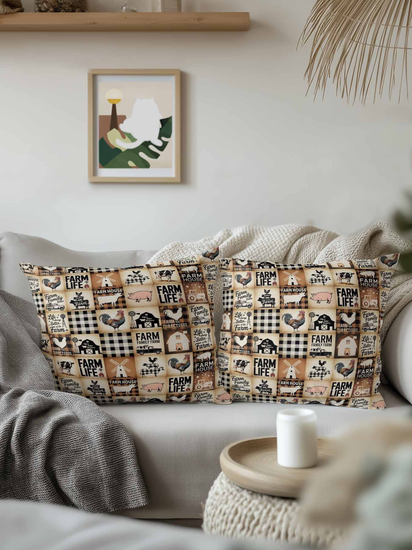 Outdoor Pillows Waterproof, Farmhouse Checkered Bedding Throw Pillows with Insert for Couch Sofa Bed, Rustic Retro Farm Life Assembling 18x18 Inch Pillowcases Decorative Patio Pillow Set of 2