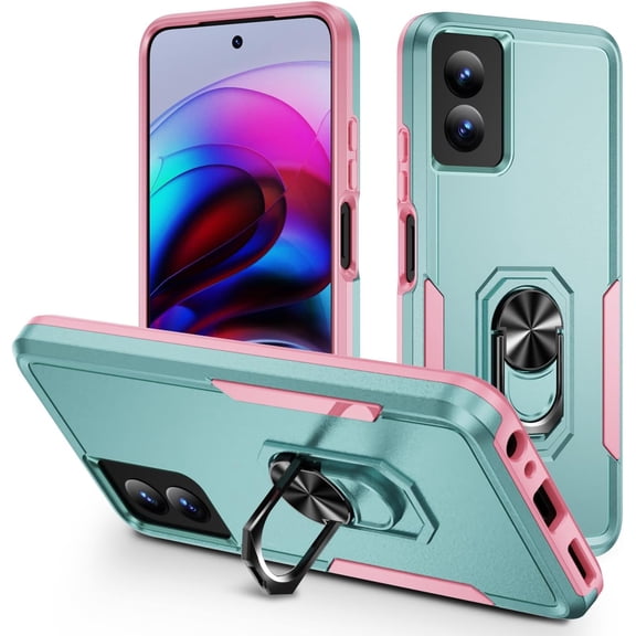 for Motorola Moto G Power 5g 2024 Case with Ring Holder Black, Shockproof Motorola G Power 5g 2024 Phone Case Rugged Heavy Duty Cover Armor 360° Metal Kickstand (Green-Pink)
