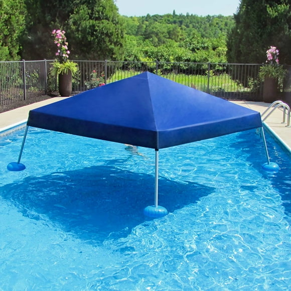 Sunjoy Floating Pool Canopy 10 × 10 Ft. Pop Up Gazebo Navy Fabric Canopy, Steel and Aluminum Frame Floating Tent with PVC Floats, Hand Air Pump, and Carry Bag