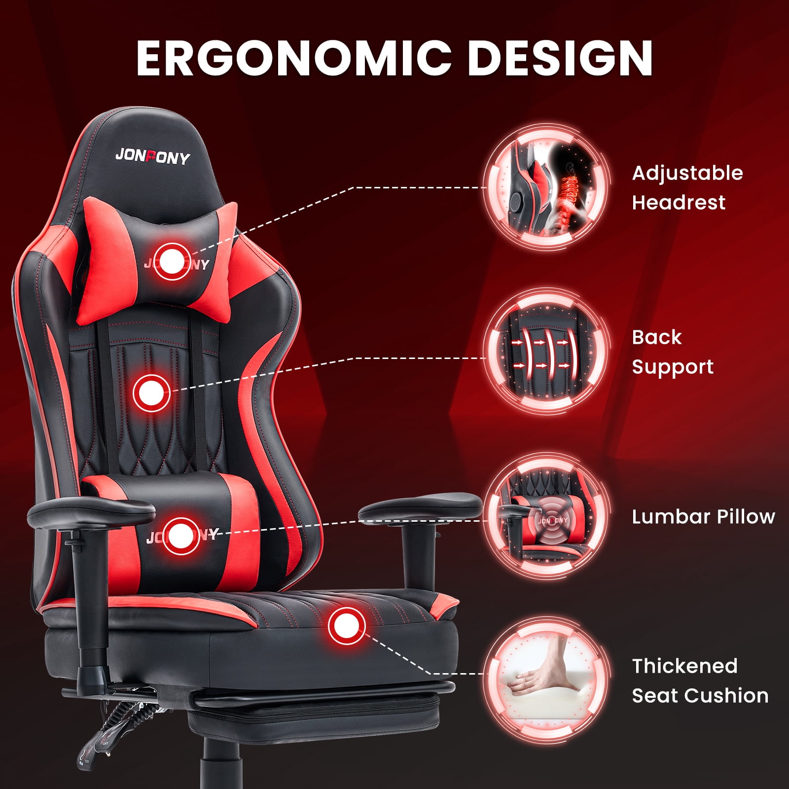 JONPONY Big and Tall 500lbs Gaming Chair with Bluetooth Speakers, Gamer Chair with Footrest and Lumbar Support & 360-Swivel Seat, Ergonomic Gamer Chair with Headrest, Red