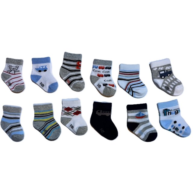 Litalin Infant Ankle Bootie Socks for Infants 0-6 Months, 12 Pairs. A set of baby boy socks with playful designs including stripes, vehicles, and patterns in light and dark blues, white, and red. Crafted from a soft cotton, polyester, and spandex blend for comfort and stretch. Ideal for everyday wear and easy to machine wash.