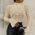 thumbnail image 2 of Cute Tops for Women Fall Long Sleeve Floral Lace Neck Long Flounce Sleeve Pullover Sheer Slim Fit Stand Collar Women'S T-Shirts Dressy Casual Beige L, 2 of 6