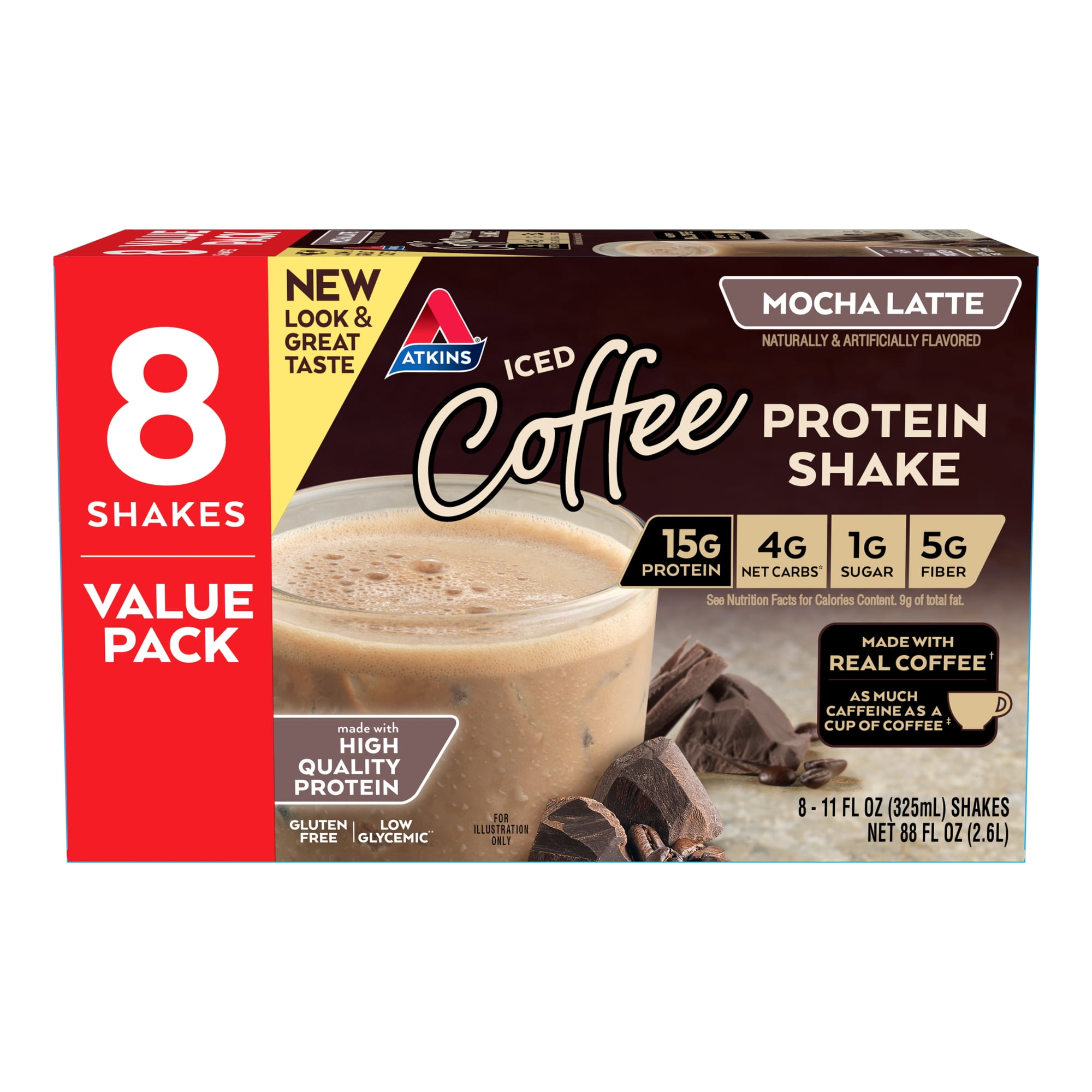 Atkins Protein Shake, Mocha Latte, Keto Friendly, Made with Real Coffee, 8 Count (Ready to Drink)