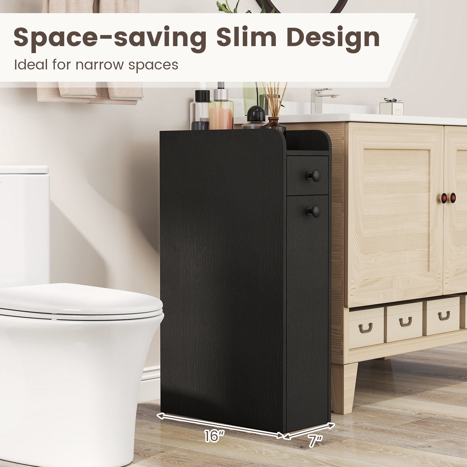 Gymax Slim Storage Cabinet Narrow Bathroom Cabinet w/ Slide Out Drawer & Spacious Top 2 Rolling Wheels Black