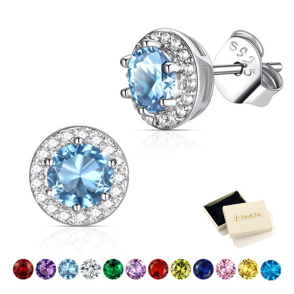 FindChic Nickel Free Stud Earrings for Women, Round Cubic Zirconia March Birthstone Earrings with 925 Sterling Silver Posts, Birthday Mothers Day Jewelry Gifts Her Mom Adults Ideas