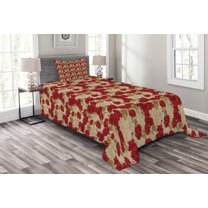 Ambesonne Vintage Quilted Bedspread Set 2 Pcs, Romantic Red Roses, Twin Size, Red Khaki Sand Brown