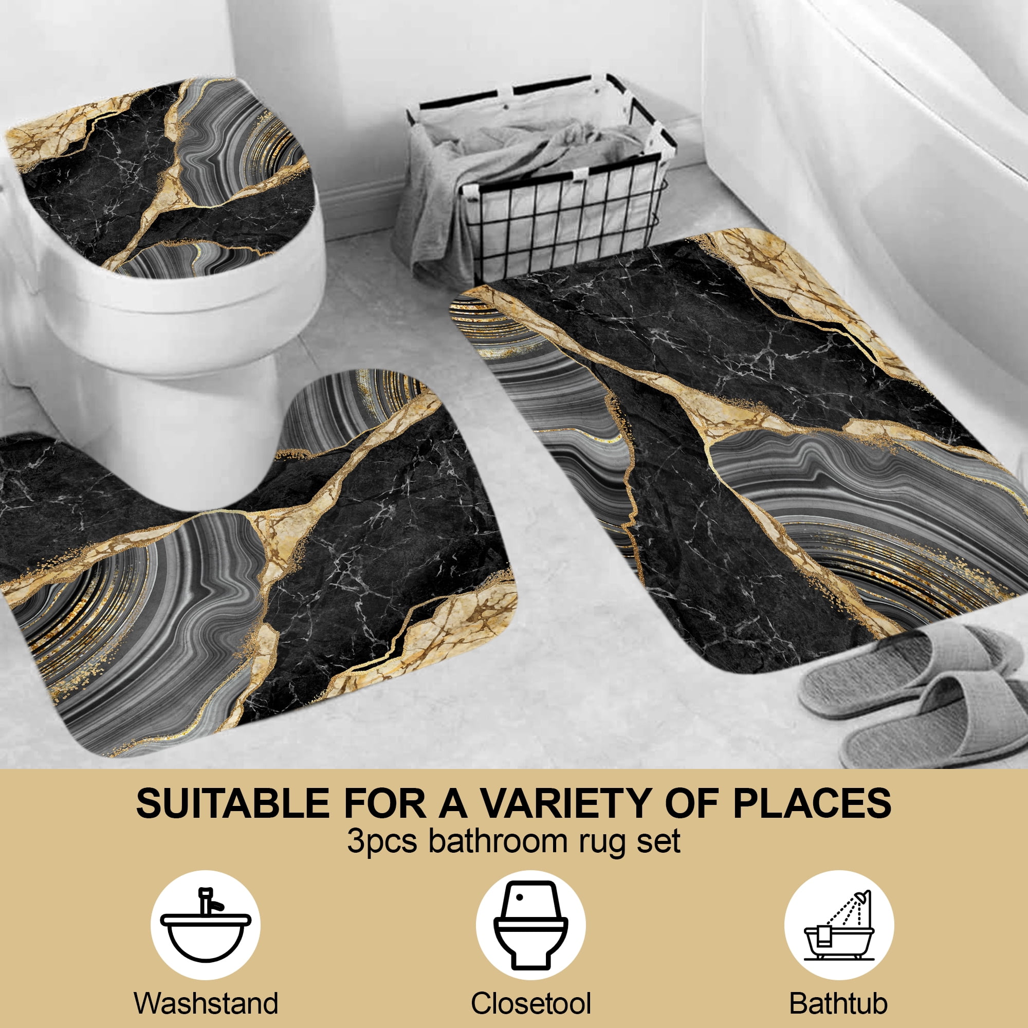 4Pcs Marble Shower Curtain Sets, Bathroom Decor Sets, Luxury with 12 Hooks, Bath Mat, Toilet Lid Rug and Non-Slip U Shape Mat Accessories, 72 x 72 Inch, Black