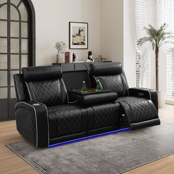 Power Recliner Sofa Couch, Living Room Furniture Sets, Breathing Leather Reclining Couch with Cup Holders/Charging/LED, 3 Seat Black Recliner Sofa with 2 Reclining Seat for Home Theater/Office