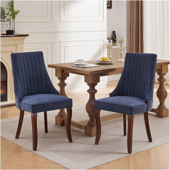 JERFIT Blue Upholstered Dining Chairs Set of 2, Channel Tufted Fabric Kitchen Side Chairs with High Back and Solid Wood Legs for Dining Room