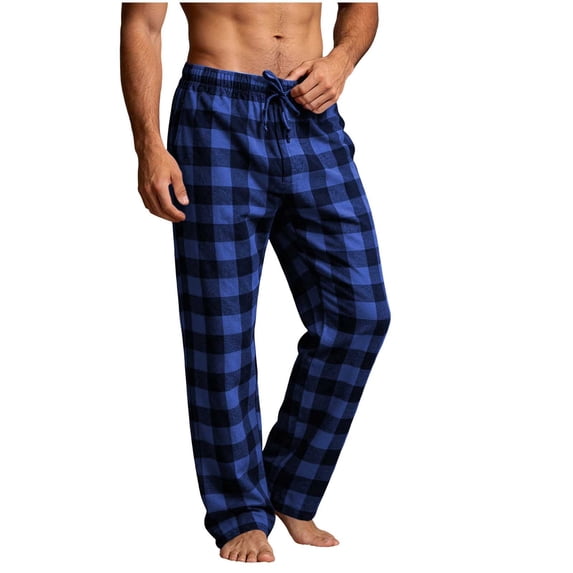 qelini Plaid Lounge Pants for Men Big and Tall Elastic Waist Long Pants Solid Color Sleep Pajama Bottoms with Pockets