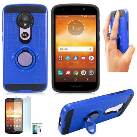 Phone Case for Verizon Prepaid Moto G6-Play (Not for Moto G6 / G6-XT) / Motorola E5 Case (XT1920) / Moto-G6-Forge Shockproof Dual Layered Ring Stand Cover (Ring-Stand Blue / Tempered Glass)