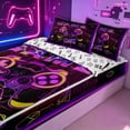 thumbnail image 3 of Erosebridal Neon Game Controller Zipper Twin Comforter Sets with Fitted Sheet and 2 Pillowcases for Boys Men, Purple Black City Graffiti Zipper Bedding Set, Gamepad Reversible, 4-Piece, 3 of 7