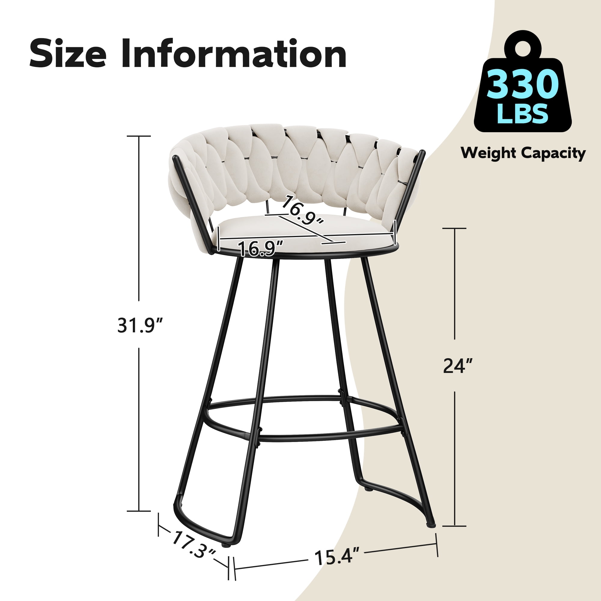 Andeworld 24'' Barstools set of 4, Modern Velvet Bar Stools with Woven Back, Counter Height Barstools with Upholstered Seating, U-Footrest, Ivory