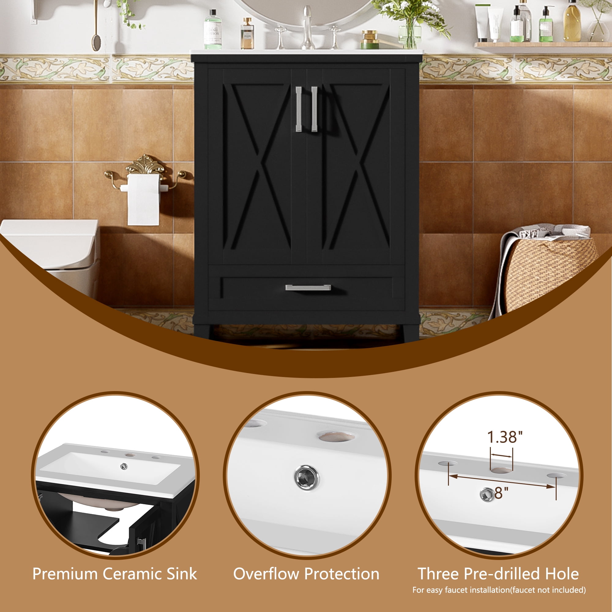 Euroco 24-inch Bathroom Vanity with Single Sink, Solid Wood Frame + MDF, 2 Soft-Close Doors, 1 Divided Drawer, Dual Storage Shelves, Ample Storage Space