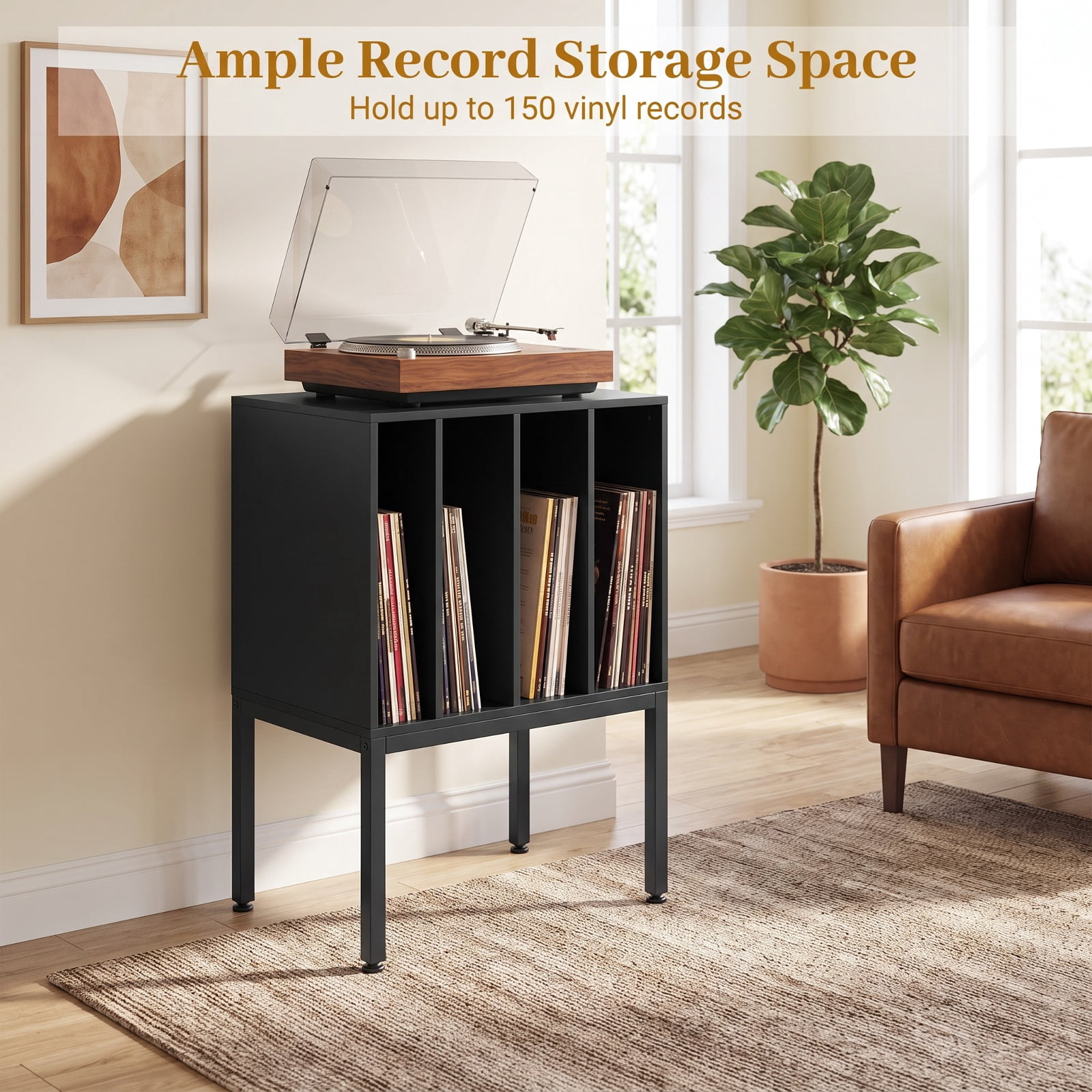 Furnibear Turntable Record Player Stand with Power Outlets USB and Vinyl Storage for Living Room Bedroom and Music Room, Black