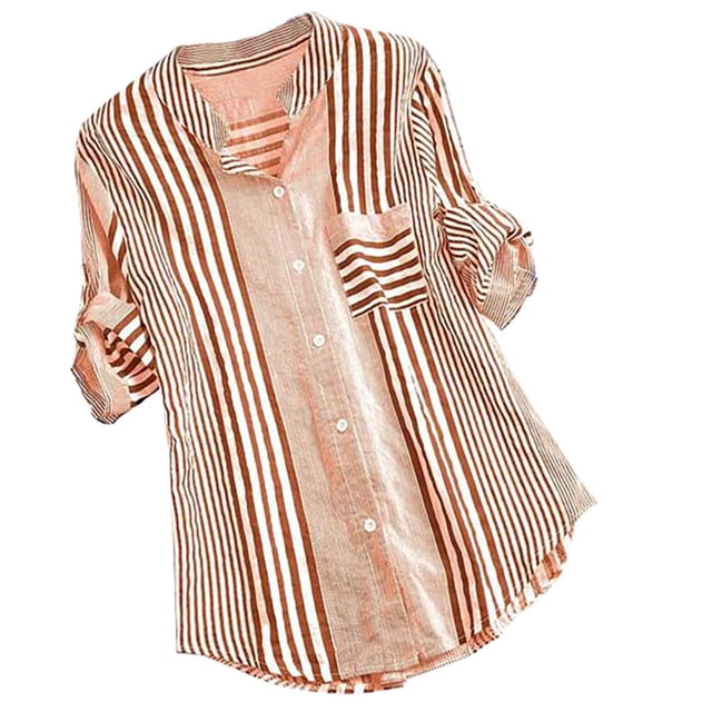 Women Plus Size Three Quarter Striped Print V-Neck Loose Fit Top T-Shirt Blouse
