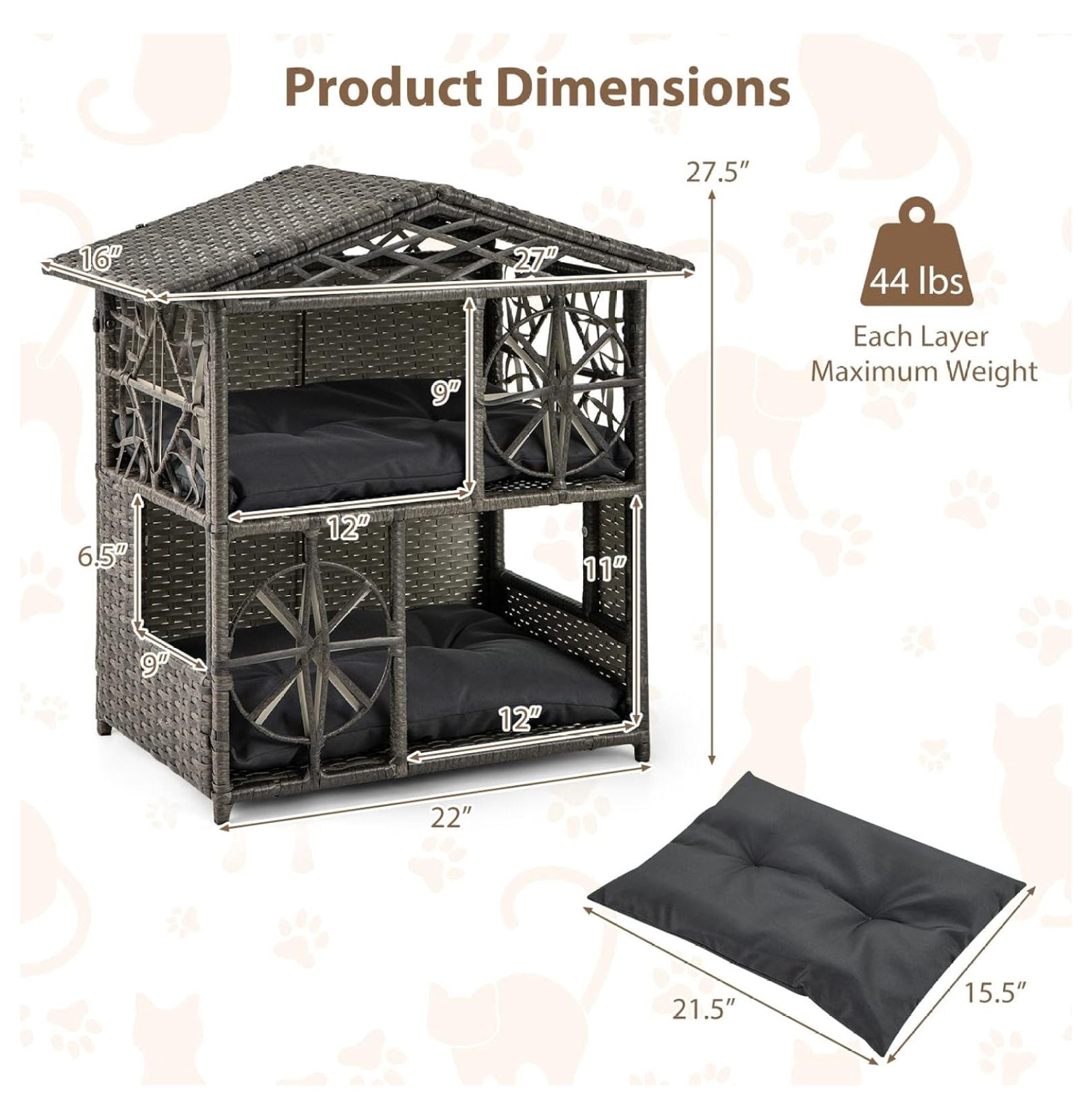 2-Story Rattan Cat House, Indoor Outdoor Aesthetic Large Kitten Cave Hideaway with Soft Removable Cushions, Side Entrances, 27 x 16 x 27.5 inches