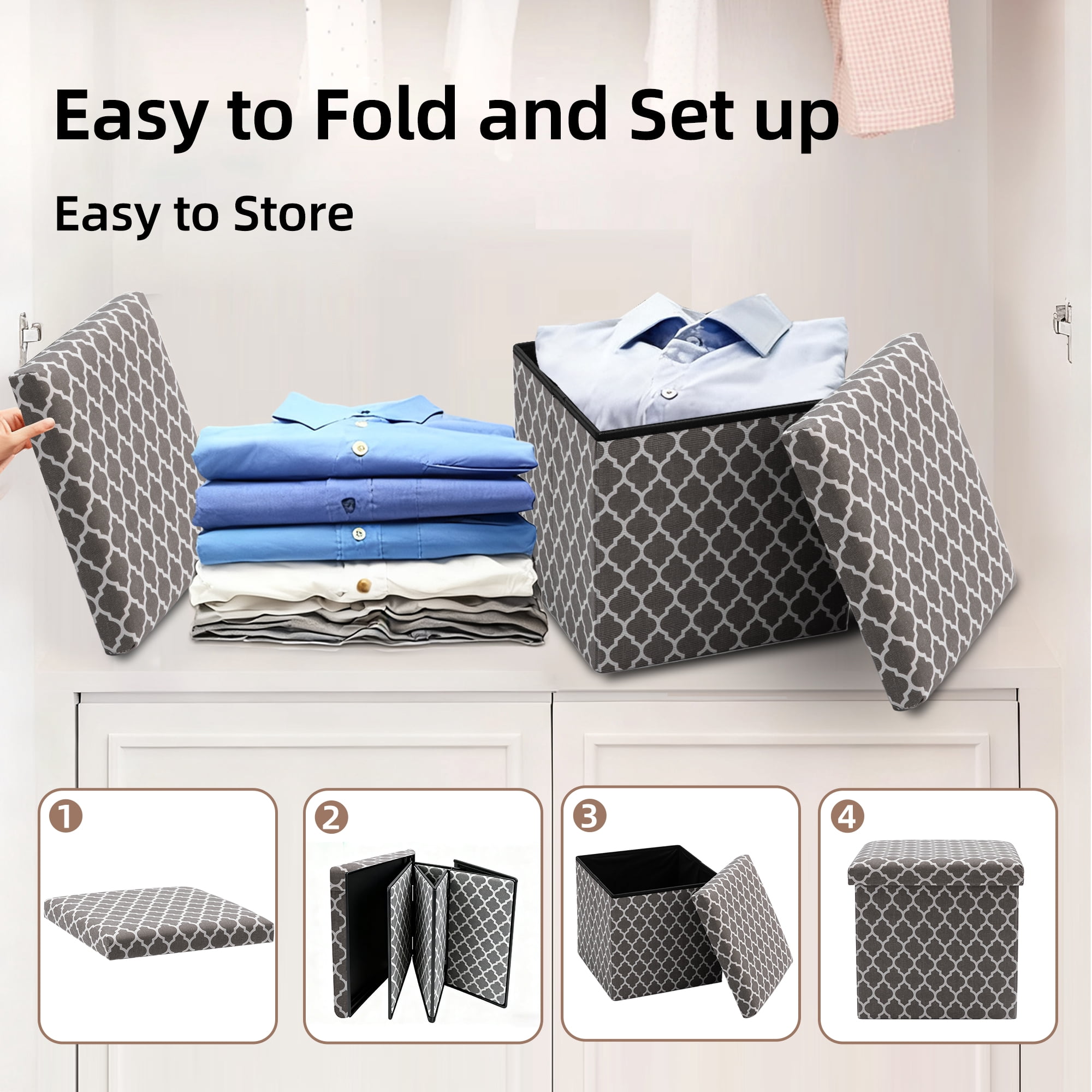 YEEZEE Storage Ottoman,Foldable Footstool with Thick Cushion for Living Room,14.9L*14.9W*13.8H,Grey
