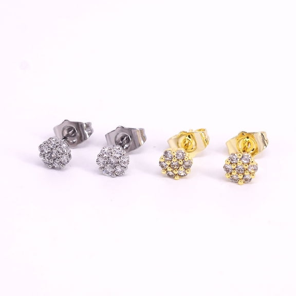 Unisex Men Women Iced Hip Hop Rounded Flowered Push Back Stud Earrings 18k Layered Real Gold Plated #7