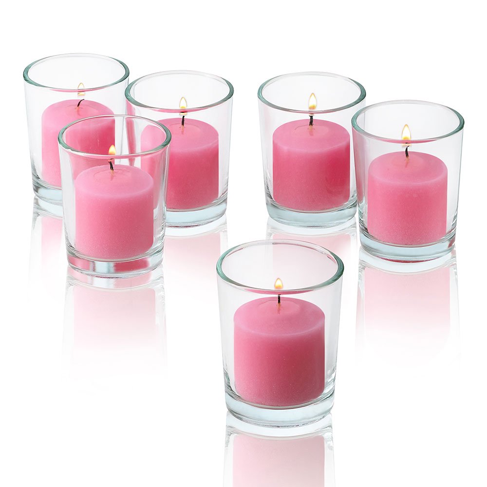 Soft Pink Unscented Votive Candles With Clear Glass Holders Set Of 24