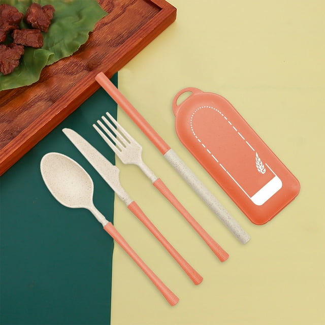 Wheat Straw Tableware Set, Portable 4-Piece Cutlery Set with Case, Eco-Friendly Knife Fork Spoon Straw, Lightweight Non-Slip Design for Camping, Outdoor, Students, 13x6x5cm