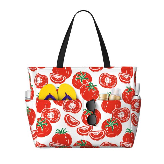 Large Beach Bags Water-resistant Sandproof - Cute Red Tomato Cute Beach Tote Bags for Women with Zipper