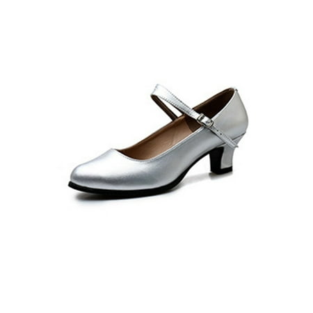 

UKAP Ladies Latin Shoes Ankle Strap Dancing Shoe Closed Toe Pumps Non Slip Mary Jane Heels Womens Chunky Heel Social Silver 3.5 cm Heel 10
