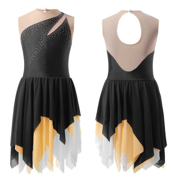 Girls Lyrical Dance Dress Figure Skating Ballet Gymnastics Performance Dancewear Shiny Rhinestone Irregular Hem Leotard Tutu10 Gong Bohan LED