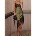thumbnail image 3 of Womens Elegant Green Lace Trim Satin Slip Dress Sleeveless Asymmetrical Hem, 3 of 7