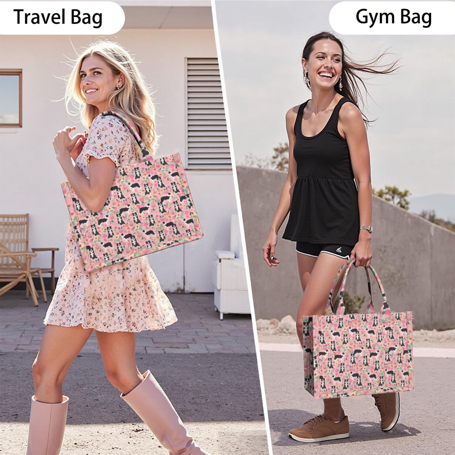 Large Capacity Tote Bag,Pink Border Collie Dog and Flower Floral Handbag Fashion Luxury Tote Bag,15.7"x13"x 5.1" Inches,Laptop Compatible