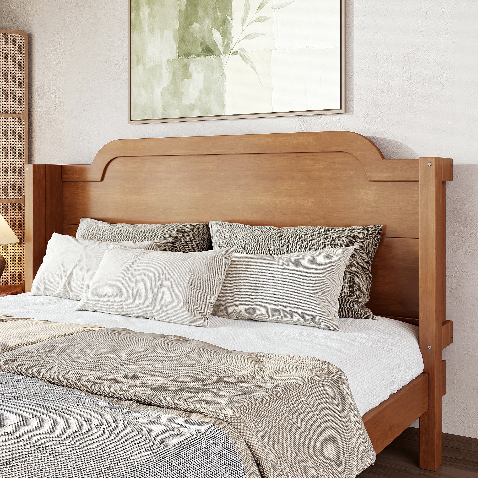 GARITIN Queen Solid Wood Platform Bed with Headboard, Natural Finish & Minimalist Design, Easy Assembly, No Box Spring Needed Traditional Wood Bed Frame, Natural
