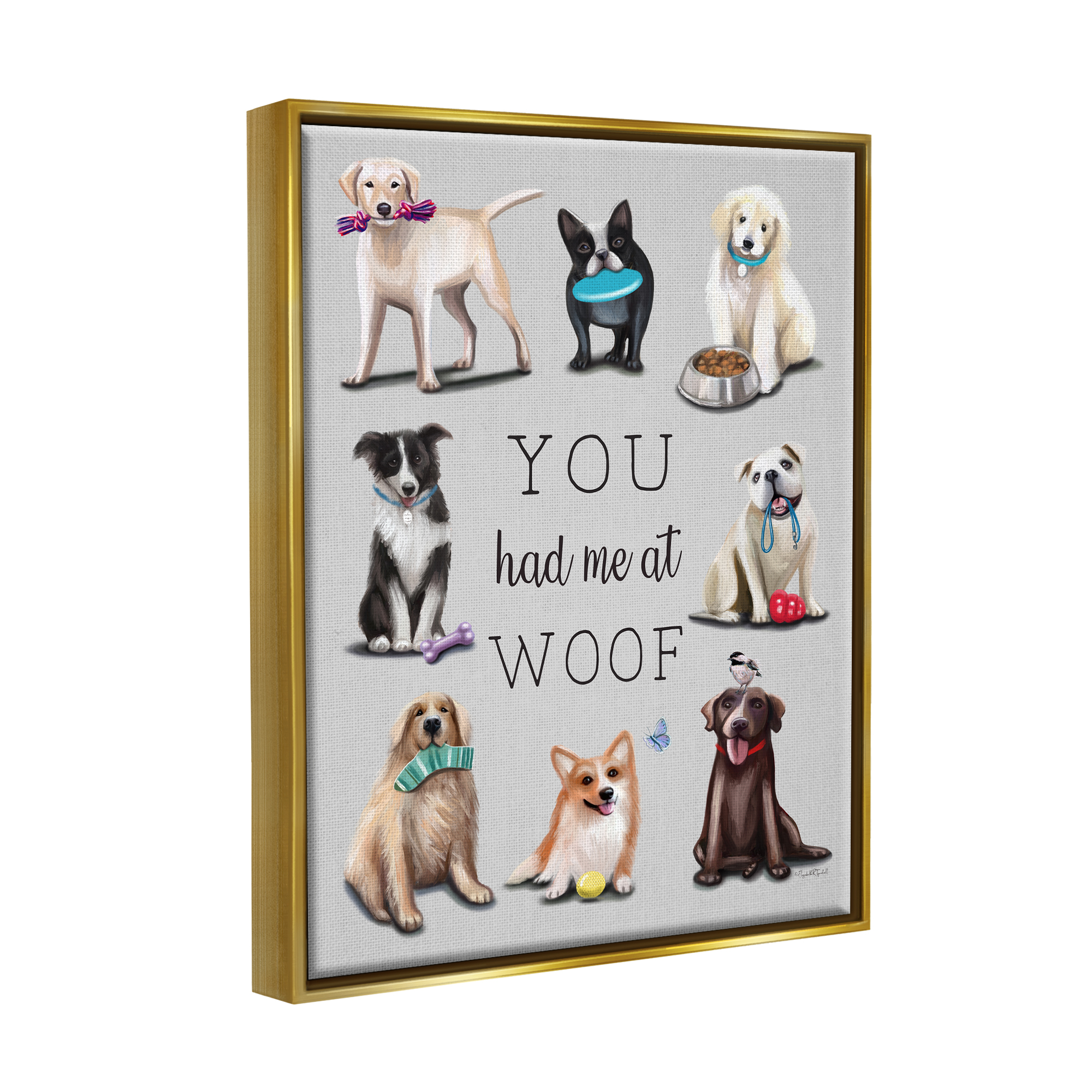Stupell You Had Me At Woof Playful Dogs Animals & Insects Painting Gold Floater Framed Art Print Wall Art