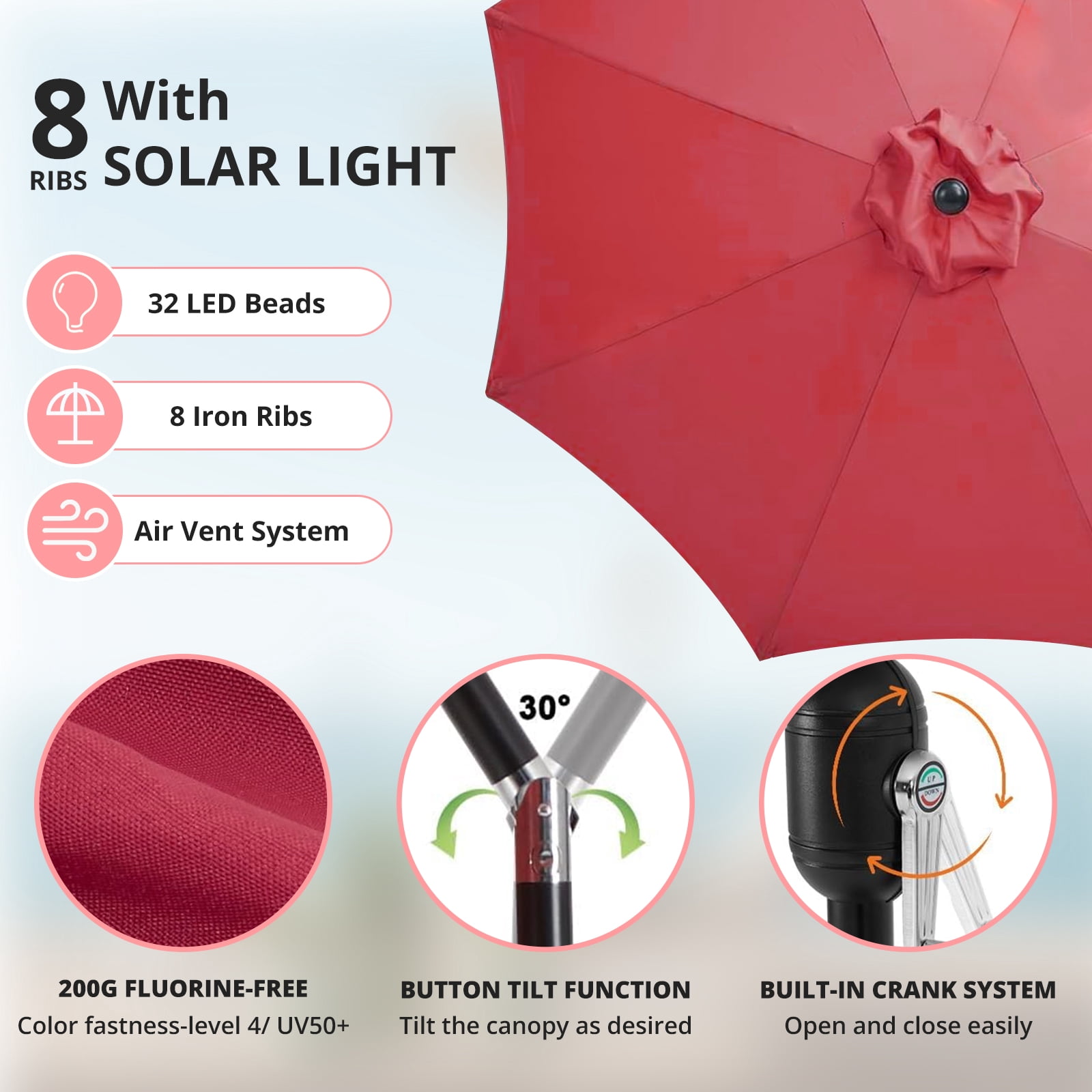 Blorly 10FT Solar Patio Umbrella with 32 LED Lights, Outdoor Umbrellas with Push Button Tilt and Crank, Tilting Table Umbrella with 8 Sturdy Ribs for Market, Beach, Red