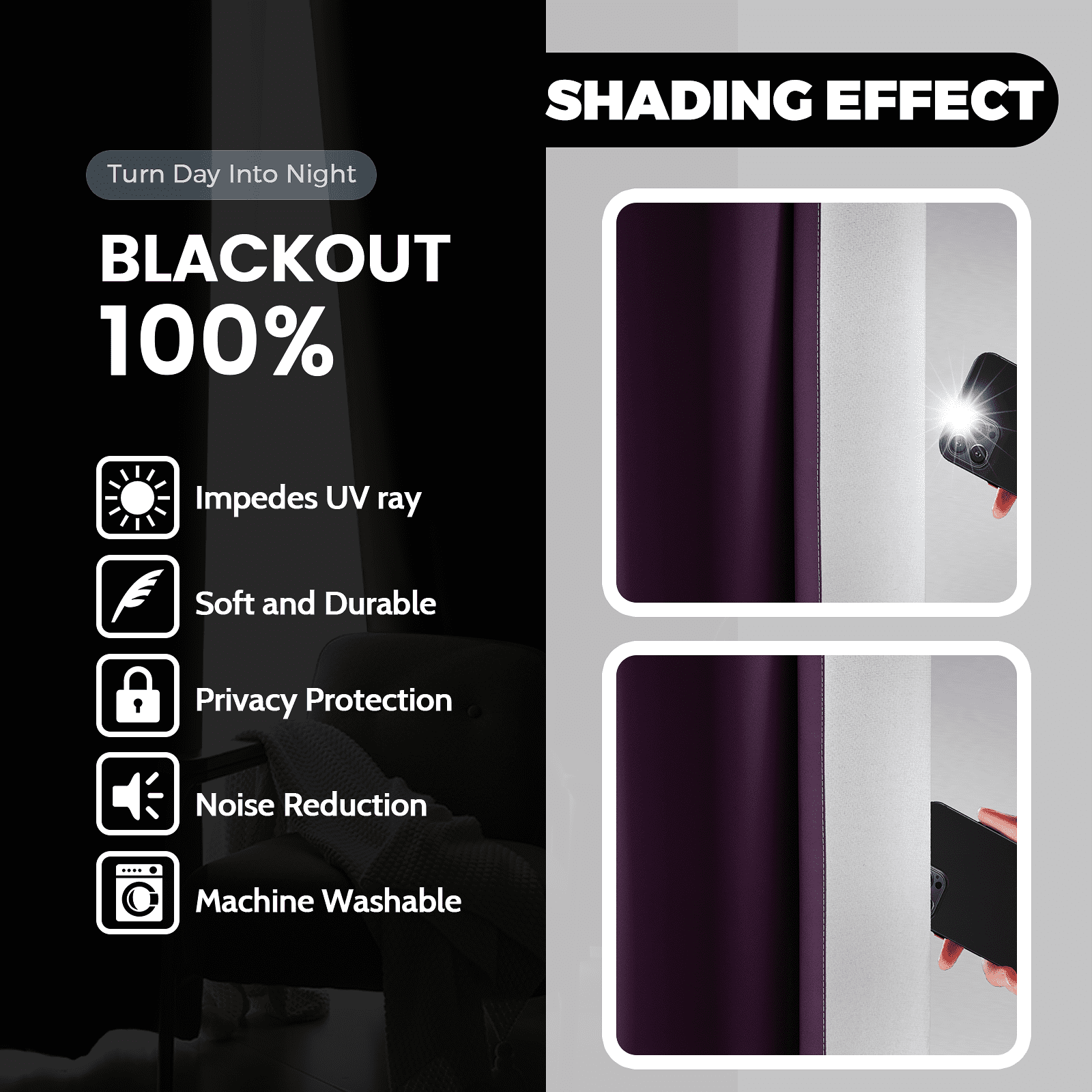 Yakamok 100% Blackout Curtains 84 Inch Length 2 Layers,Purple Curtains for Bedroom Ombre Room Darkening Grommet Gradient Drapes, Light Blocking Thermal Insulated Window Curtains for Living Room