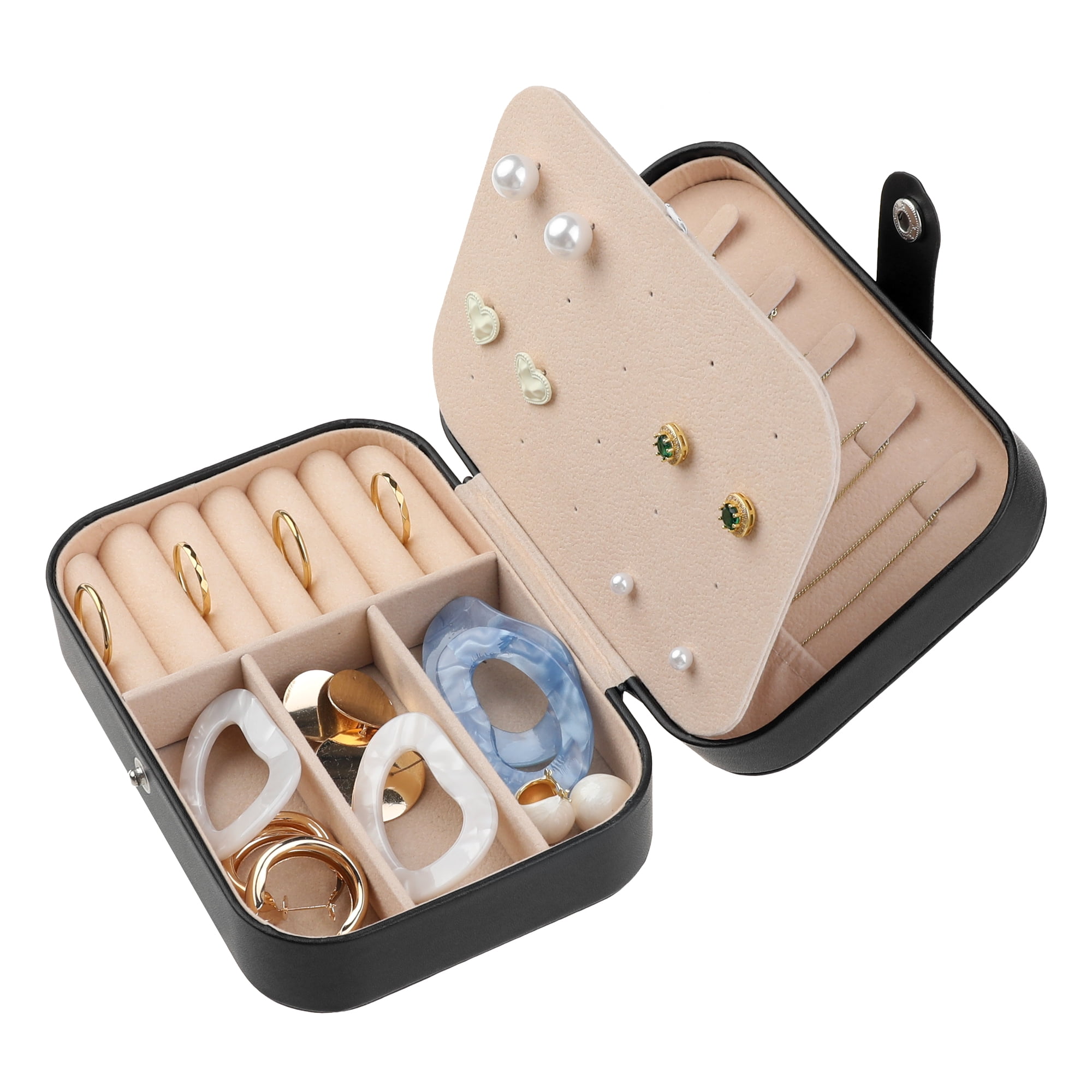 Travel Jewelry Box for Women Gifts Portable PU Leather Organizer for Earring Necklace Black