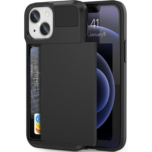 Case for iPhone 13 Mini Case with Card Holder, Shockproof Heavy Duty Wallet Case [Credit Card Slot][Slide Cover] Anti-Scratch Shell Dual Layer Armor Hard Bumper Protective Phone Case 5.4",Black