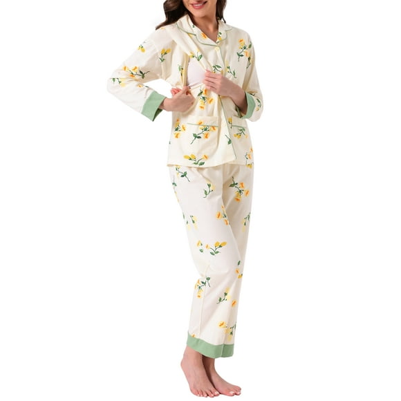 Womens Nursing Pajama Set Cotton Floral Leopard Long Sleeve Elastic Waist Pants Postpartum Breastfeeding Loungewear M Green